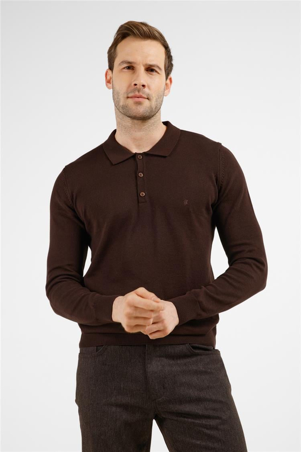 Kahverengi Polo Yaka Cepsiz Comfort Fit Classic Pamuklu Triko Kazak 1012255307