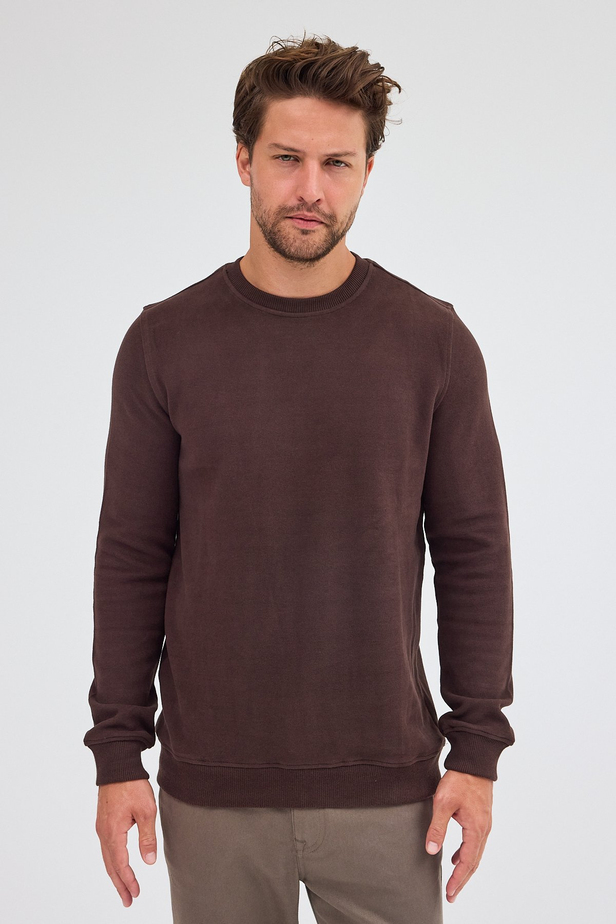 Kahverengi Uzun Kol Bisiklet Yaka Düz Pamuklu Comfort Fit Sweatshirt 1013255150