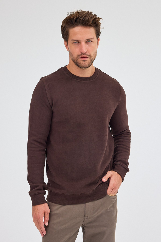 Kahverengi Uzun Kol Bisiklet Yaka Düz Pamuklu Comfort Fit Sweatshirt 1013255150