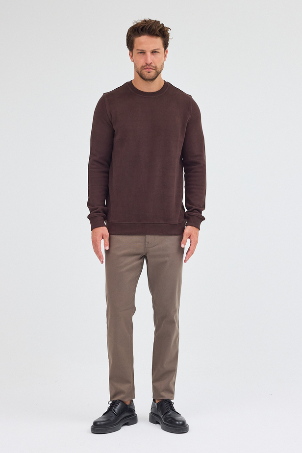 Kahverengi Uzun Kol Bisiklet Yaka Düz Pamuklu Comfort Fit Sweatshirt 1013255150