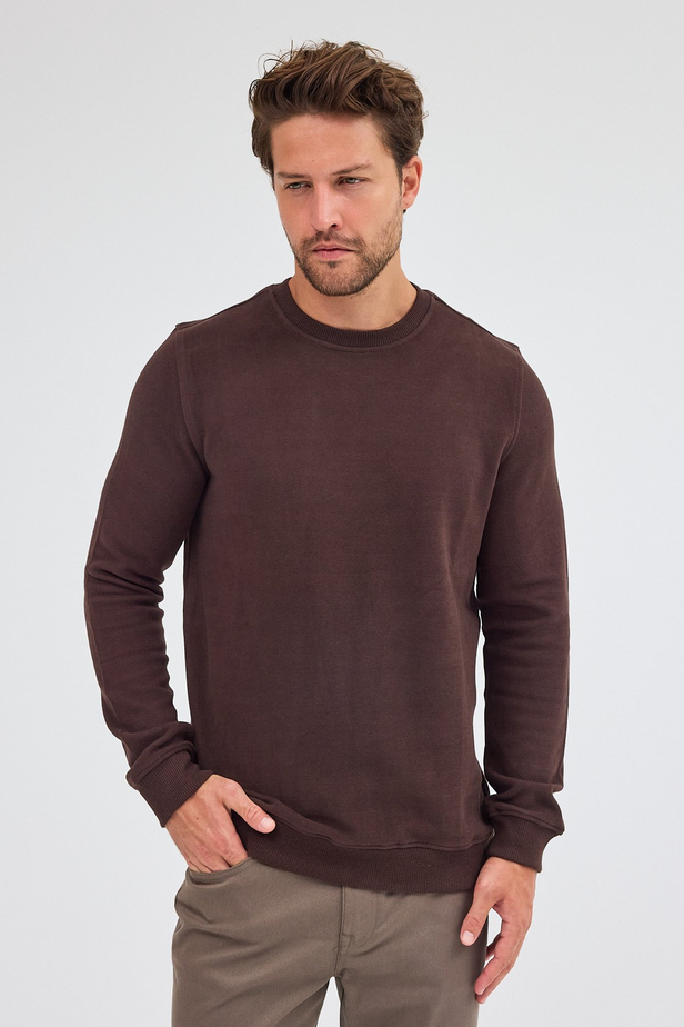 Kahverengi Uzun Kol Bisiklet Yaka Düz Pamuklu Comfort Fit Sweatshirt 1013255150