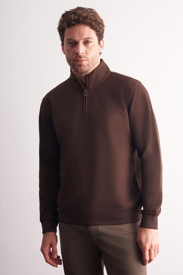 Kahverengi Uzun Kol Hakim Yaka Düz Pamuklu Comfort Fit Sweatshirt 1013255151