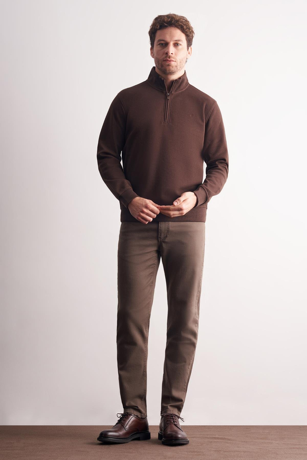 Kahverengi Uzun Kol Hakim Yaka Düz Pamuklu Comfort Fit Sweatshirt 1013255151