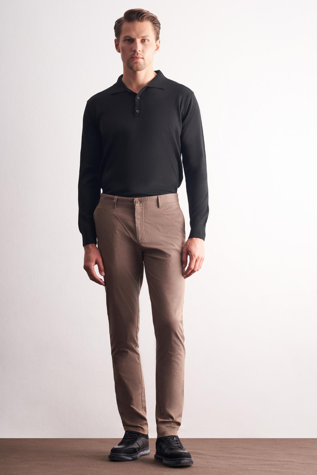 Kahverengi Yan Cep Düz Paça Pamuklu Slim Fit Chino Casual Pantolon 1003255164