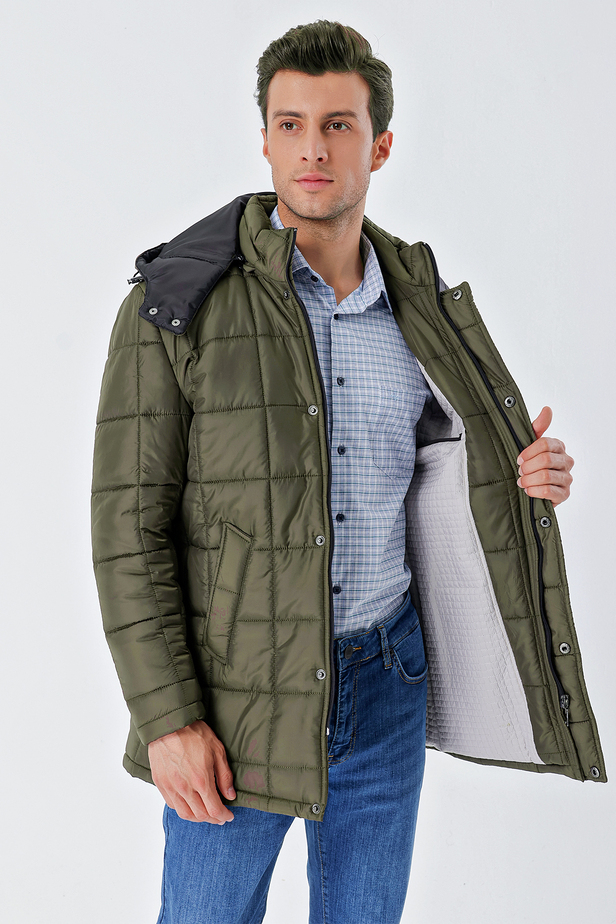 Kapüşonlu Kapitoneli Astar Comfort Fit Rahat Kesim Klasik Kaban 1008235155 Koyu Haki