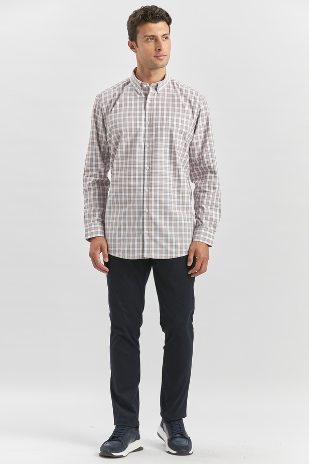 Kiremit Uzun Kol Ekose Desen Bez Ayağı Smart Düğmeli Yaka Classic Comfort Fit Gömlek 1004240253
