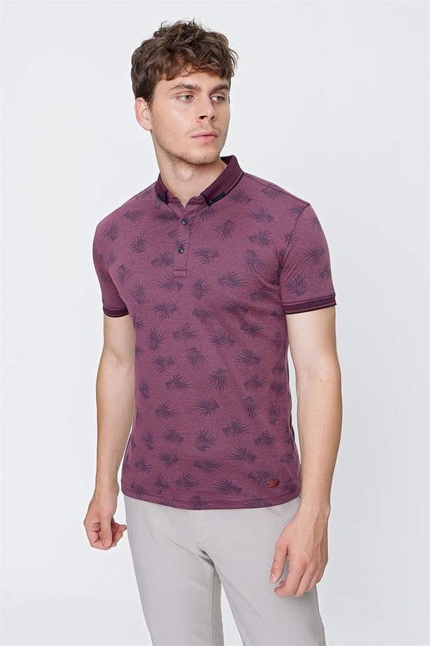 Kısa Kol Baskılı Merserize Polo Yaka Slim Fit Dar Kesim Casual T-Shirt 1011220108-M
