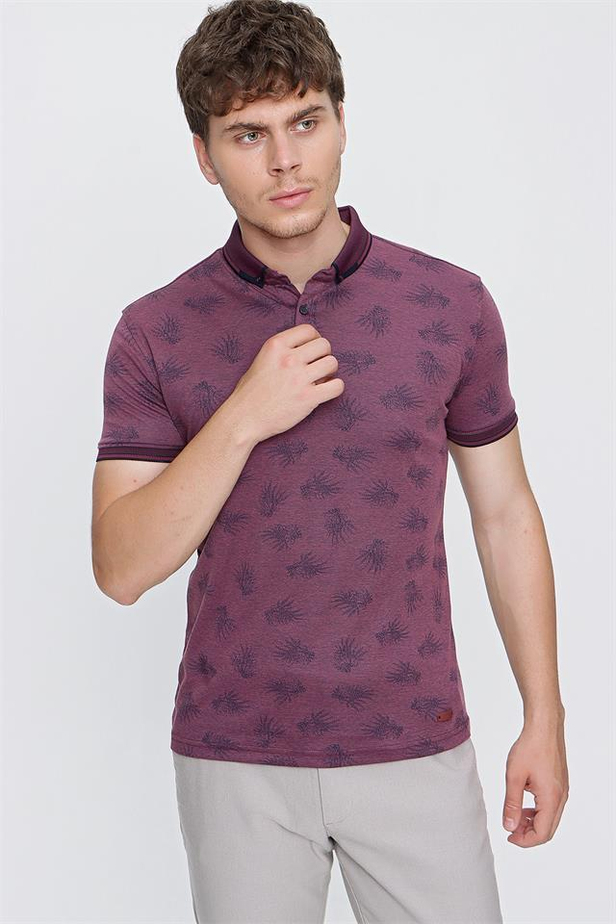 Kısa Kol Baskılı Merserize Polo Yaka Slim Fit Dar Kesim Casual T-Shirt 1011220108-M