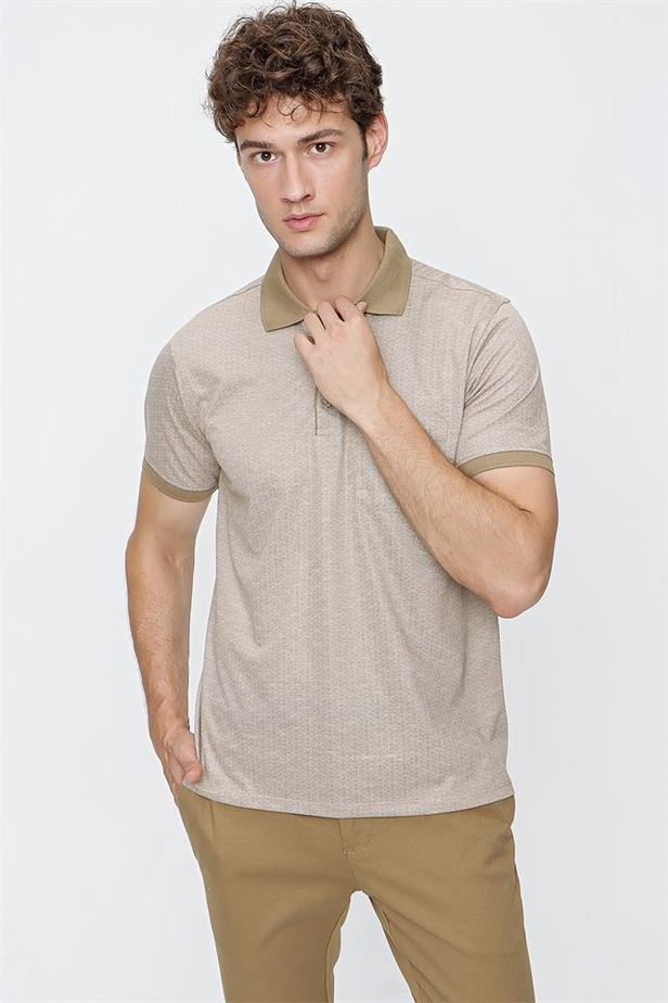 Kısa Kol Desenli Jakarlı Polo Yaka Cepli Comfort Fit Rahat Kesim Klasik T-Shirt 1011220122-M