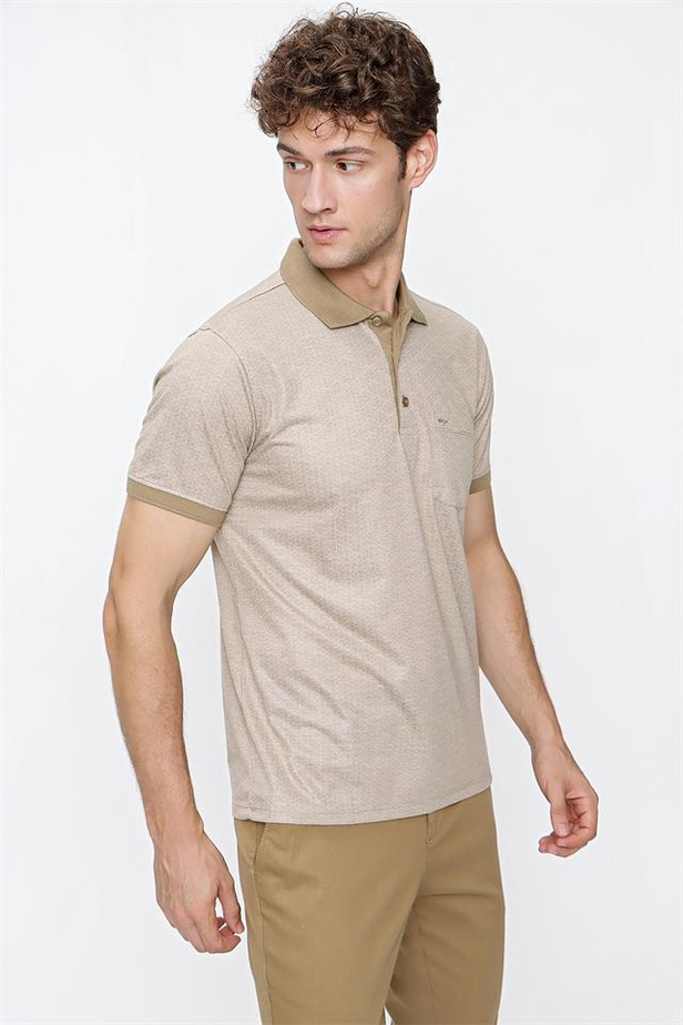Kısa Kol Desenli Jakarlı Polo Yaka Cepli Comfort Fit Rahat Kesim Klasik T-Shirt 1011220122-M