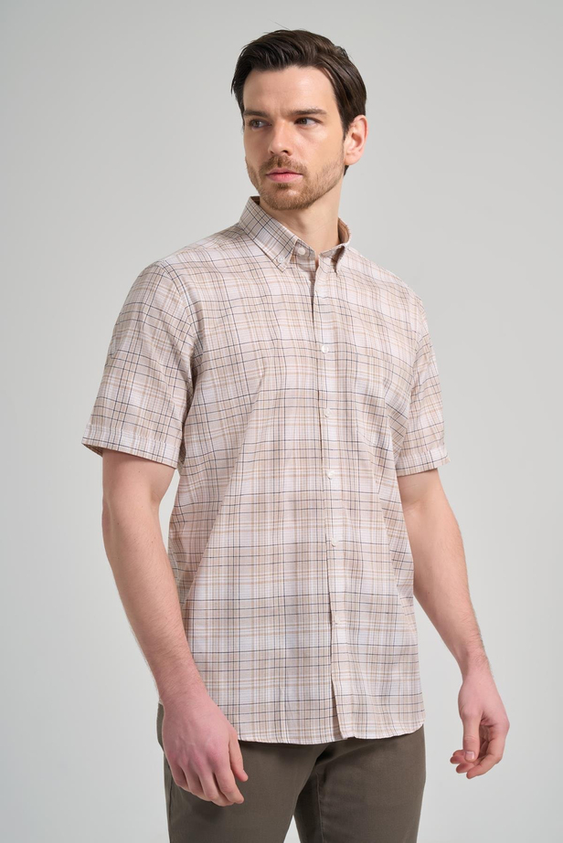 Kısa Kol Ekose Desen Bez Ayağı Düğmeli Yaka cepli Pamuklu Classic Comfort Fit Gömlek 1004250162