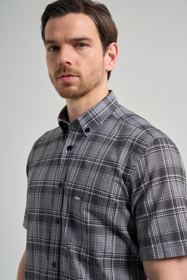 Kısa Kol Ekose Desen Bez Ayağı Düğmeli Yaka cepli Pamuklu Classic Comfort Fit Gömlek 1004250162