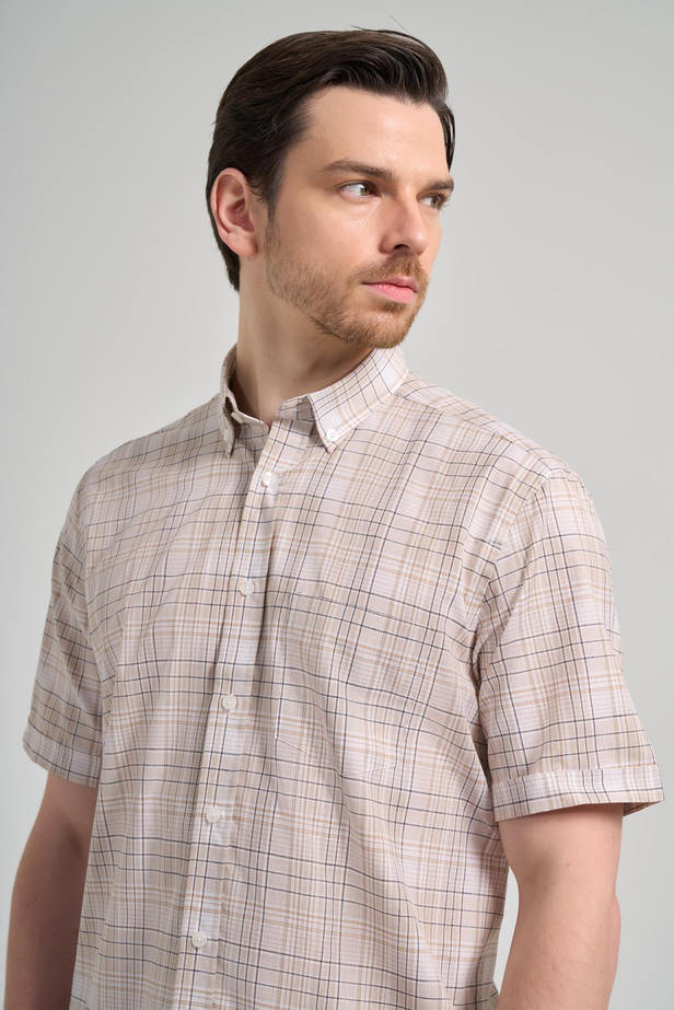 Kısa Kol Ekose Desen Bez Ayağı Düğmeli Yaka cepli Pamuklu Classic Comfort Fit Gömlek 1004250162