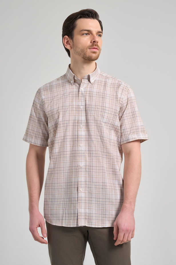 Kısa Kol Ekose Desen Bez Ayağı Düğmeli Yaka cepli Pamuklu Classic Comfort Fit Gömlek 1004250162