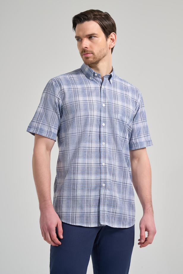 Kısa Kol Ekose Desen Bez Ayağı Düğmeli Yaka cepli Pamuklu Classic Comfort Fit Gömlek 1004250162