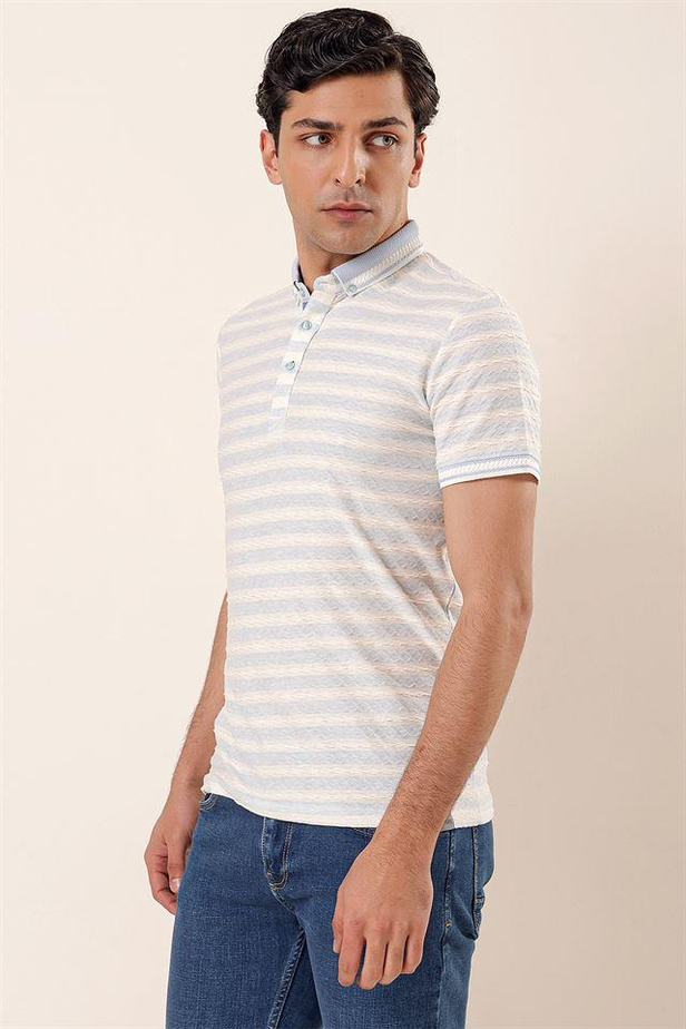 Kısa Kollu Çizgili JakarlıCepsiz Garnili Pamuklu Casual Slim Fit T-Shirt 1011230159-M