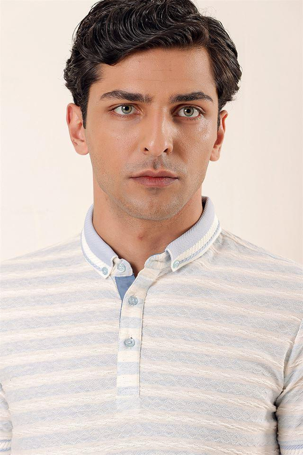 Kısa Kollu Çizgili JakarlıCepsiz Garnili Pamuklu Casual Slim Fit T-Shirt 1011230159-M