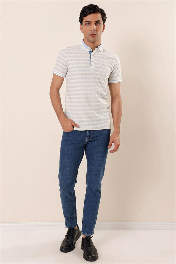 Kısa Kollu Çizgili JakarlıCepsiz Garnili Pamuklu Casual Slim Fit T-Shirt 1011230159-M