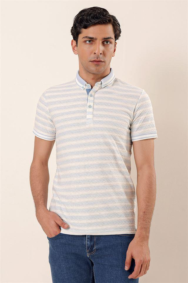 Kısa Kollu Çizgili JakarlıCepsiz Garnili Pamuklu Casual Slim Fit T-Shirt 1011230159-M