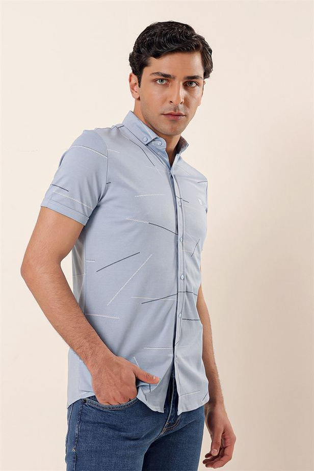 Kısa Kollu Örme Düğmeli Yaka Cepsiz Pamuklu Casual Slim Fit Dar Kesim Gömlek 1004230202-M