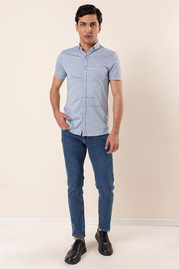 Kısa Kollu Örme Düğmeli Yaka Cepsiz Pamuklu Casual Slim Fit Dar Kesim Gömlek 1004230202-M