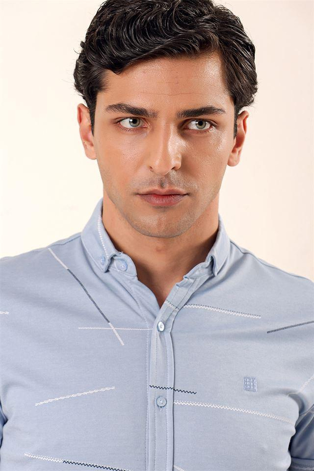 Kısa Kollu Örme Düğmeli Yaka Cepsiz Pamuklu Casual Slim Fit Dar Kesim Gömlek 1004230202-M