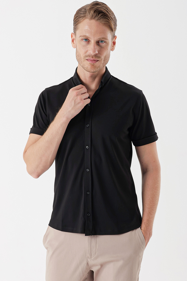 Kısa Kollu Pike Cepsiz Pamuklu Casual Slim Fit Dar Kesim Gömlek 1004230151 Siyah