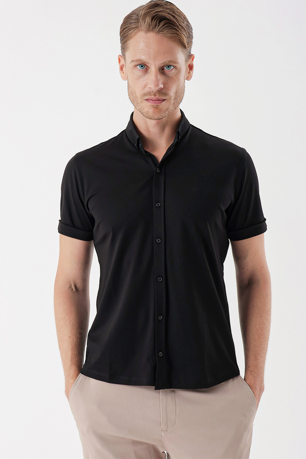 Kısa Kollu Pike Cepsiz Pamuklu Casual Slim Fit Dar Kesim Gömlek 1004230151 Siyah