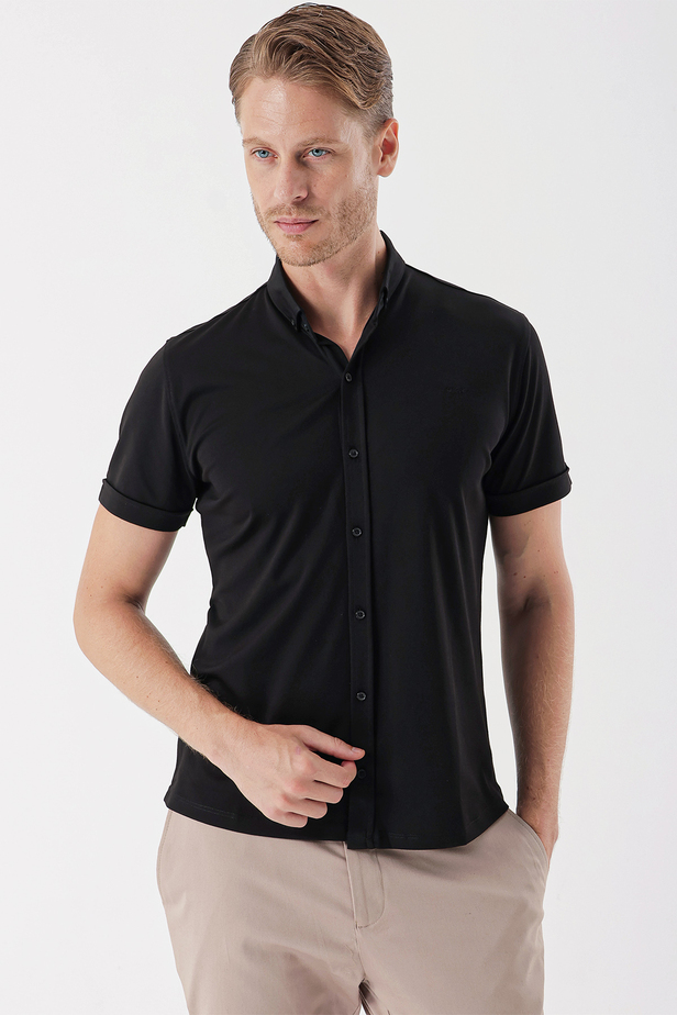 Kısa Kollu Pike Cepsiz Pamuklu Casual Slim Fit Dar Kesim Gömlek 1004230151 Siyah