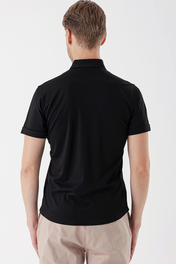 Kısa Kollu Pike Cepsiz Pamuklu Casual Slim Fit Dar Kesim Gömlek 1004230151 Siyah