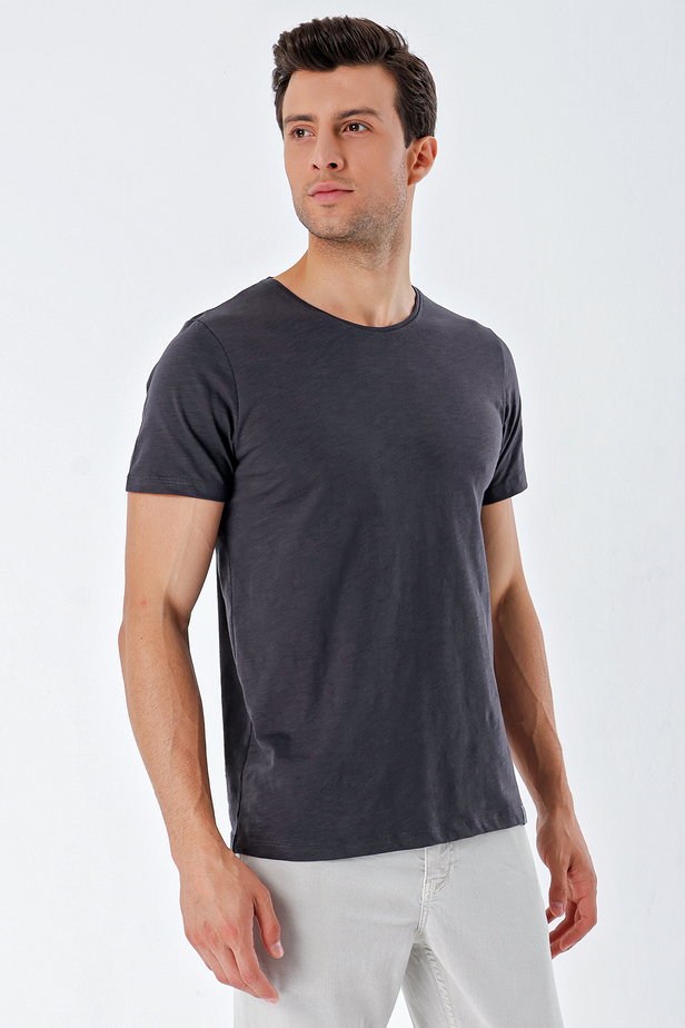 Kısa Kollu Suprem Bisiklet Yaka %100 Pamuk Casual Slim Fit T-Shirt 1011230169 Koyu Antrasit