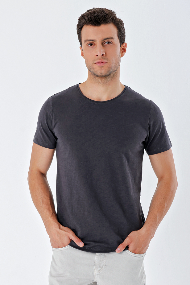 Kısa Kollu Suprem Bisiklet Yaka %100 Pamuk Casual Slim Fit T-Shirt 1011230169 Koyu Antrasit