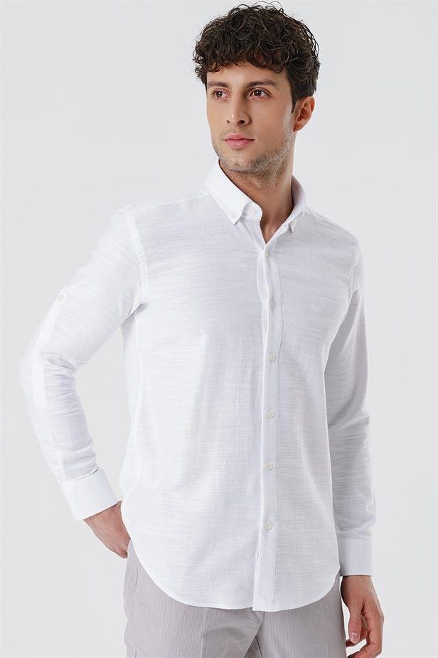 Kısalabilir Kollu GabardinCepsiz %100 Pamuk Casual Slim Fit Dar Kesim Gömlek 1004230180-S