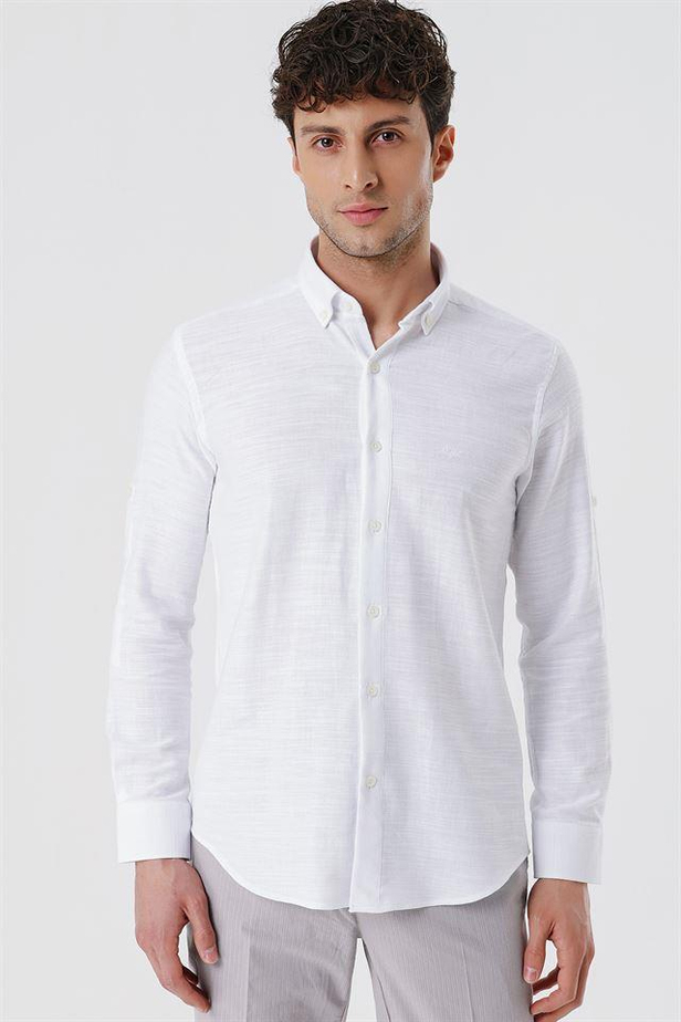 Kısalabilir Kollu GabardinCepsiz %100 Pamuk Casual Slim Fit Dar Kesim Gömlek 1004230180-S