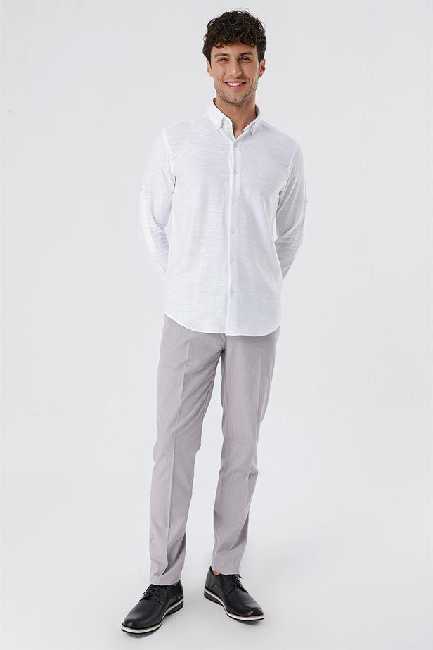 Kısalabilir Kollu GabardinCepsiz %100 Pamuk Casual Slim Fit Dar Kesim Gömlek 1004230180-S