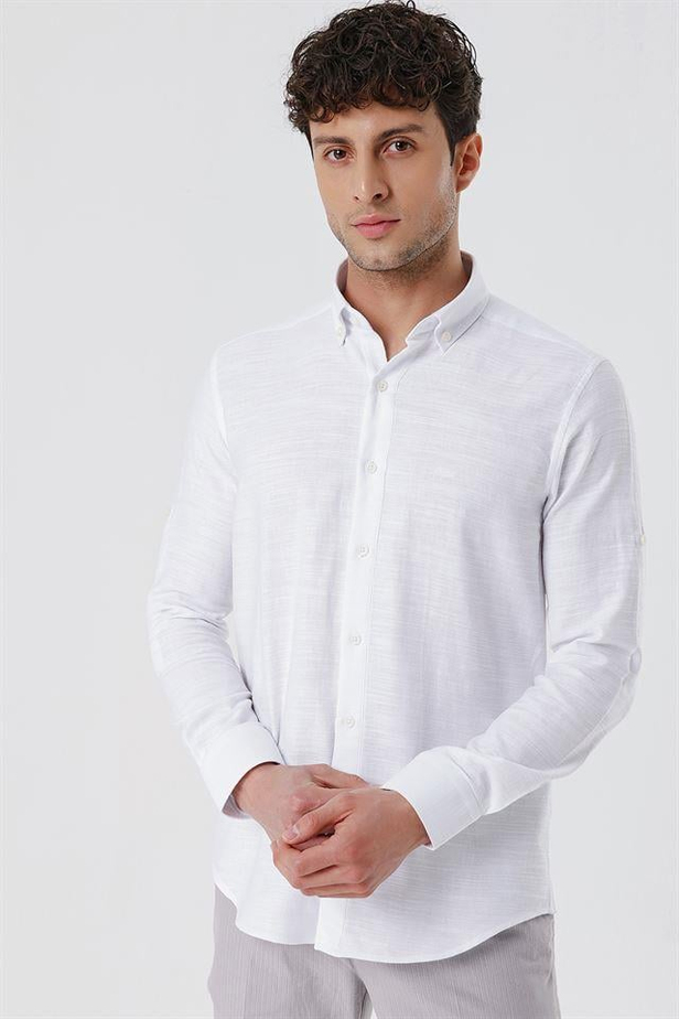 Kısalabilir Kollu GabardinCepsiz %100 Pamuk Casual Slim Fit Dar Kesim Gömlek 1004230180-S