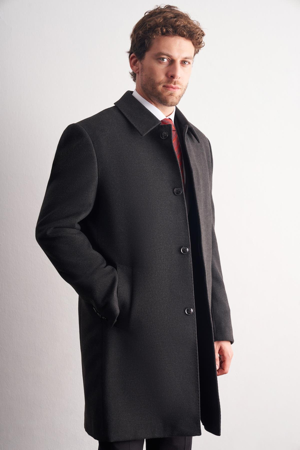 Koyu Antrasit Berberi Yaka Tam Astar Classic Comfort Fit Esnek Kaşe Palto 1005255152