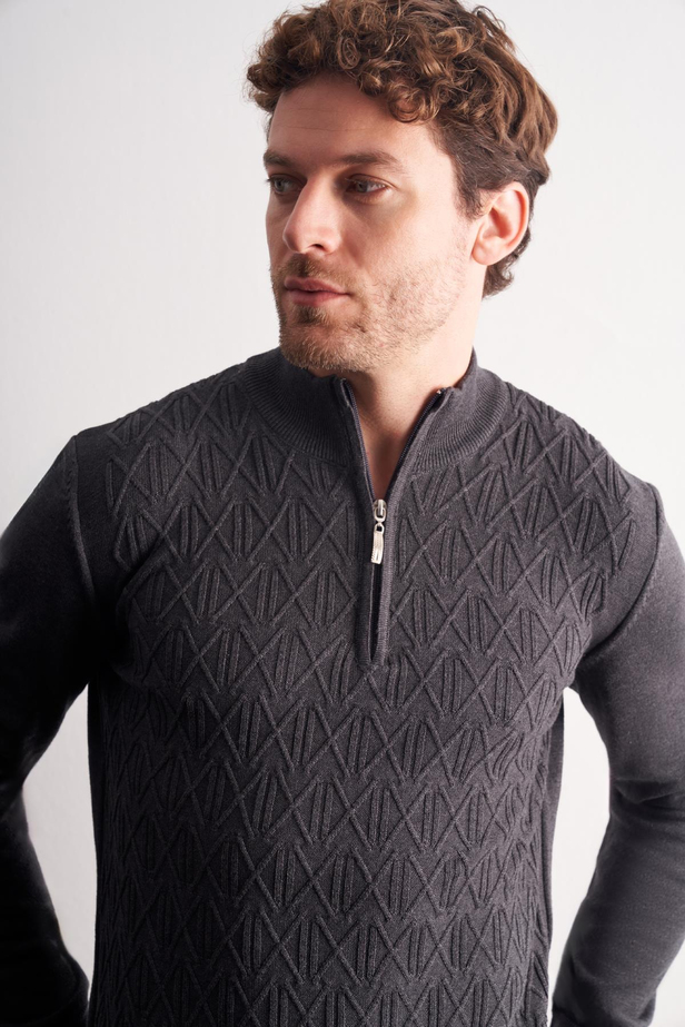 Koyu Antrasit Dik Yaka Uzun Kol Cepsiz Slim Fit Casual Pamuklu Triko Kazak 1012255108