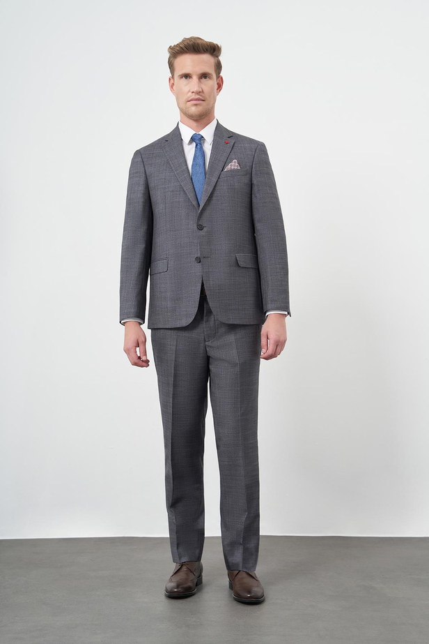 Koyu Antrasit Düz Flannel Mono Yaka Tam Astar Tek Yırtmaç 2 Düğme 4 Drop Comfort Fit Classic Takım Elbise 1001245164