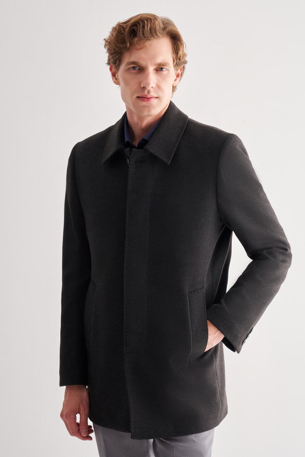 Koyu Antrasit Kaşe Bebe Yaka Kapitoneli Astar Comfort Fit Rahat Kesim Klasik Kaban 1008245161