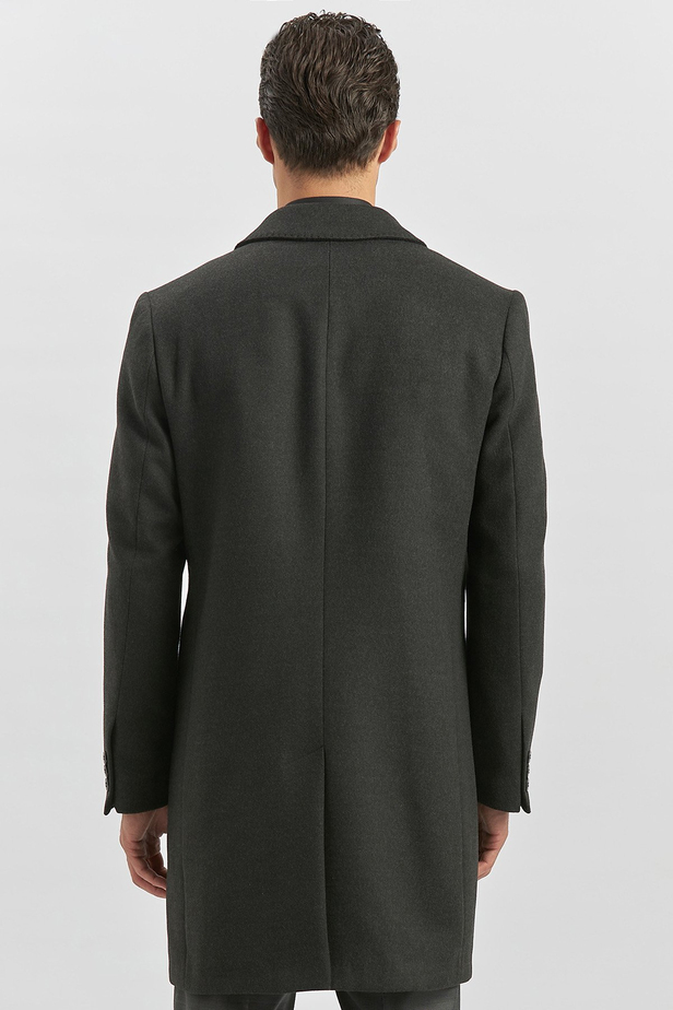 Koyu Antrasit Kaşe Berberi Yaka Yırtmaçlı Kapitoneli Astar Comfort Fit Rahat Kesim Palto 1005245152