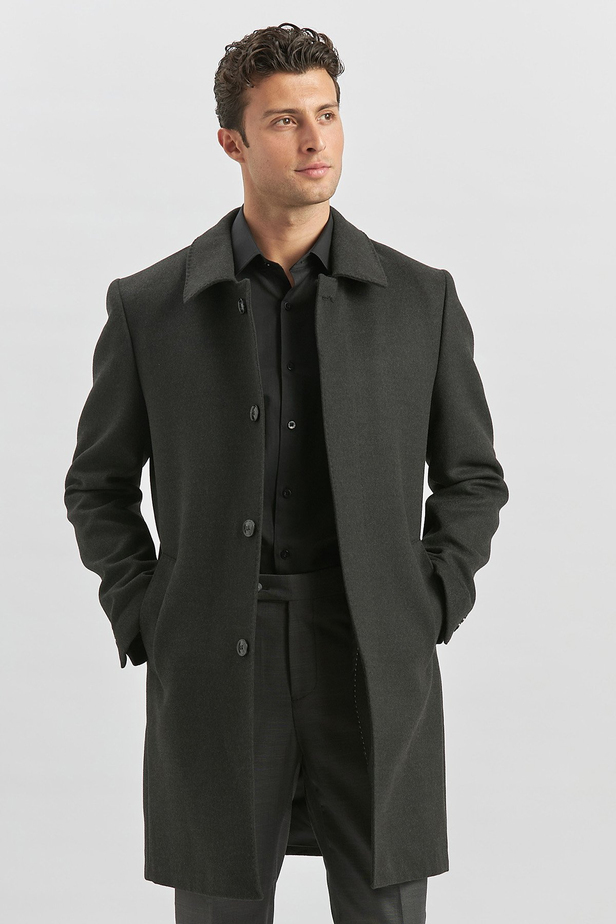 Koyu Antrasit Kaşe Berberi Yaka Yırtmaçlı Kapitoneli Astar Comfort Fit Rahat Kesim Palto 1005245152