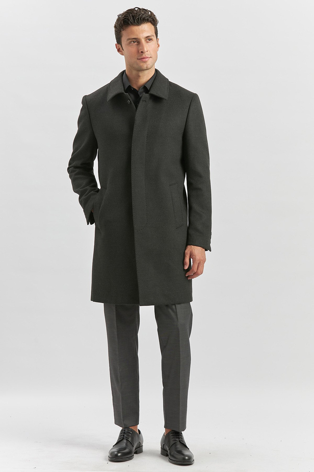 Koyu Antrasit Kaşe Berberi Yaka Yırtmaçlı Kapitoneli Astar Comfort Fit Rahat Kesim Palto 1005245152