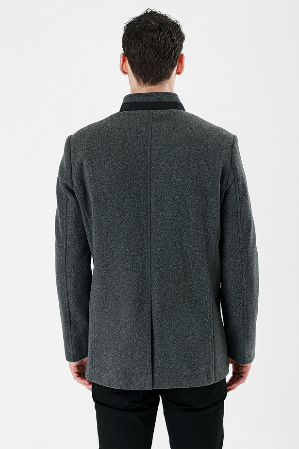 Koyu Antrasit Kaşe Hakim Yaka Astarlı Slim Fit Dar Kesim Casual Mont 1007235171