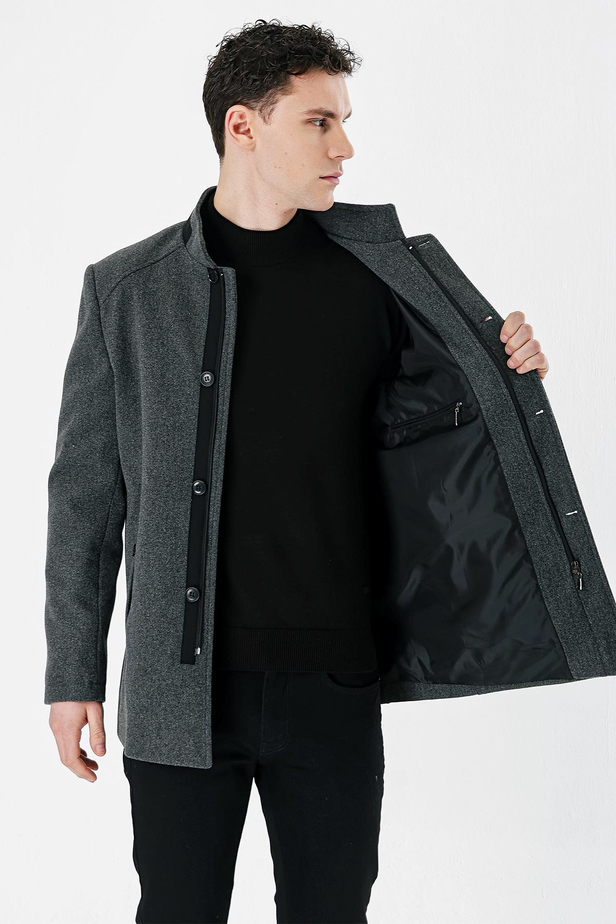 Koyu Antrasit Kaşe Hakim Yaka Astarlı Slim Fit Dar Kesim Casual Mont 1007235171