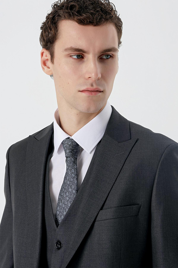 Koyu Antrasit Kırlangıç Yaka Yelekli 6 Drop Slim Fit Dar Kesim Klasik Takım Elbise 1001235166