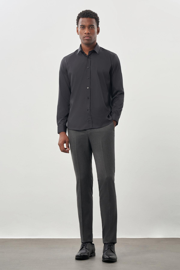 Koyu Antrasit Uzun Kol Düz Bez Ayağı Sert Yaka Cepsiz Esnek Classic Slim Fit Gömlek 1004245223_070