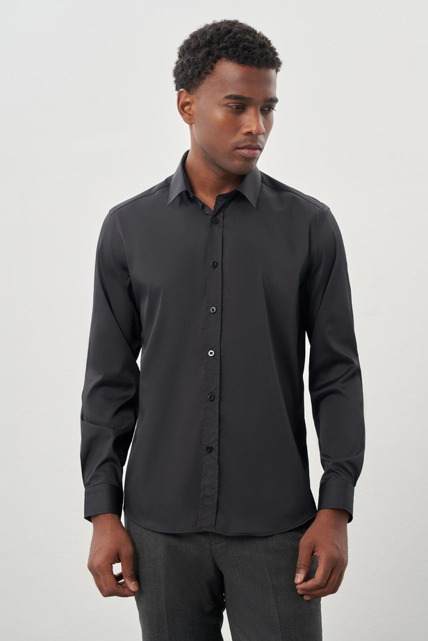 Koyu Antrasit Uzun Kol Düz Bez Ayağı Sert Yaka Cepsiz Esnek Classic Slim Fit Gömlek 1004245223_070