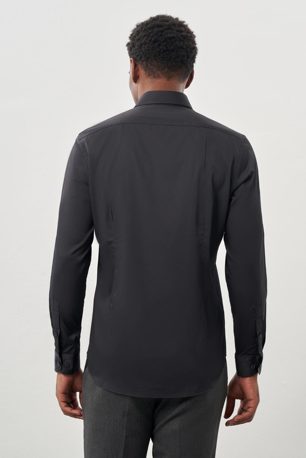 Koyu Antrasit Uzun Kol Düz Bez Ayağı Sert Yaka Cepsiz Esnek Classic Slim Fit Gömlek 1004245223_070