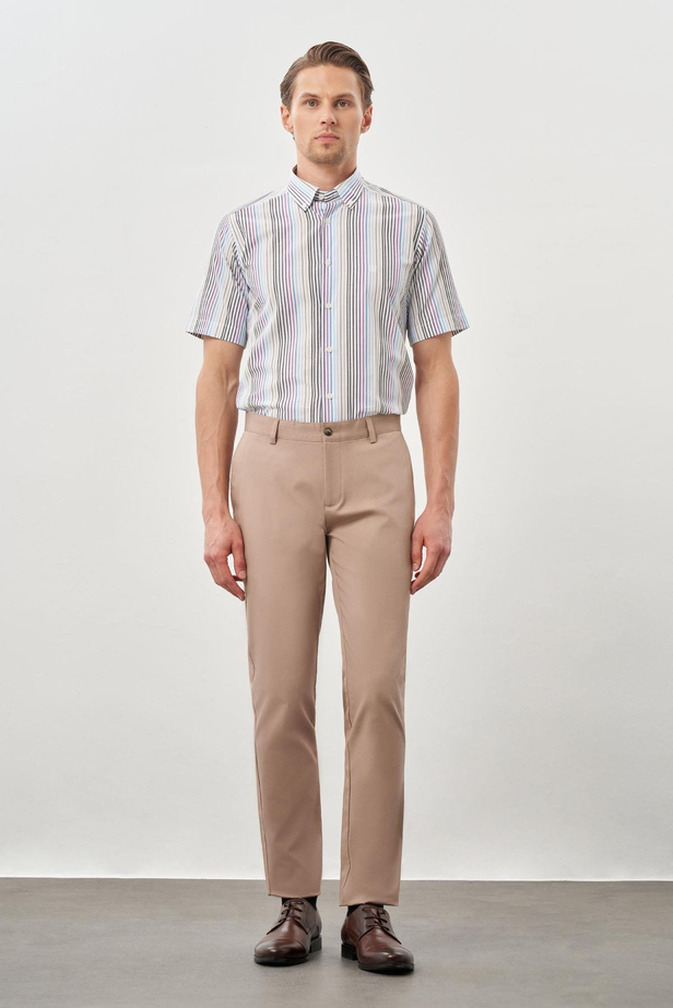 Koyu Bej Kendinden Desenli Bez Ayağı Pamuklu Yan Cep Slim Fit Casual Pantolon 1003245168